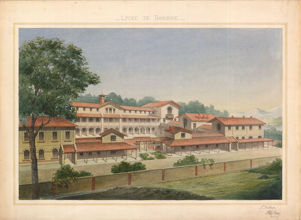 Perspective, réalisée vers 1874, de l'ensemble des bâtiments du côté de l'entrée